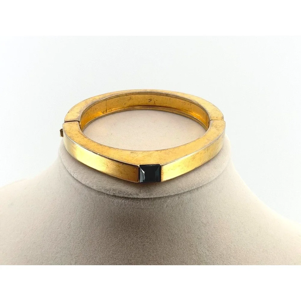 Vintage Gold Tone Hinged Bangle Bracelet Square Black Stone Geometric Cuff